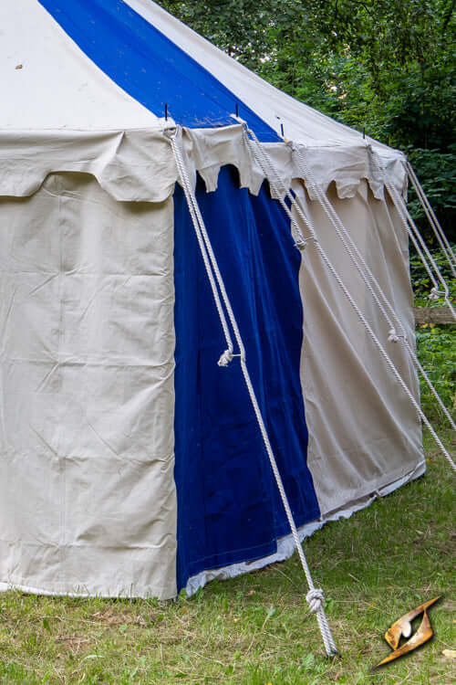 Marquee Tent - Sides - 5x8m with white and blue fabric, showcasing tent structure and sidewall design.