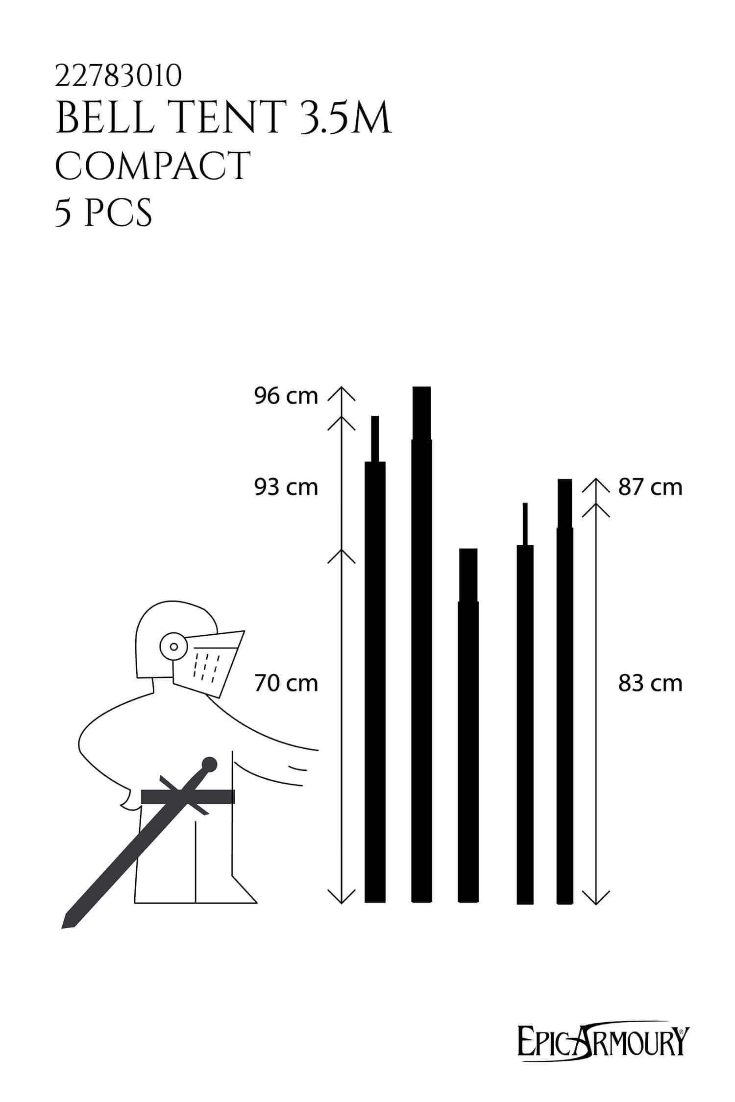 Bell Tent Pole Pack diagram showing sizes of the 3.5m compact poles in Epic Black, ideal for replacing worn tent poles.