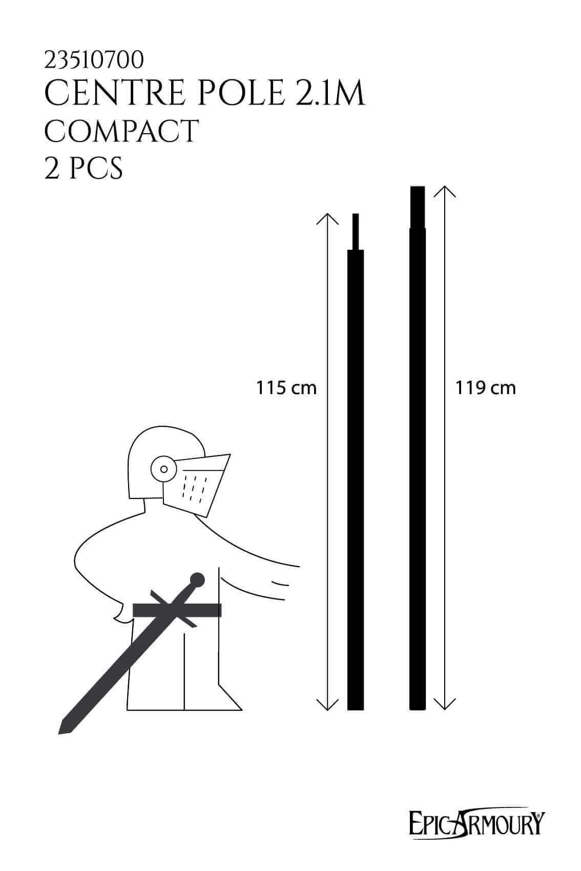 Centre Pole 2.1m compact design with two pieces, featuring measurements and an illustration for Epic Armoury tents.