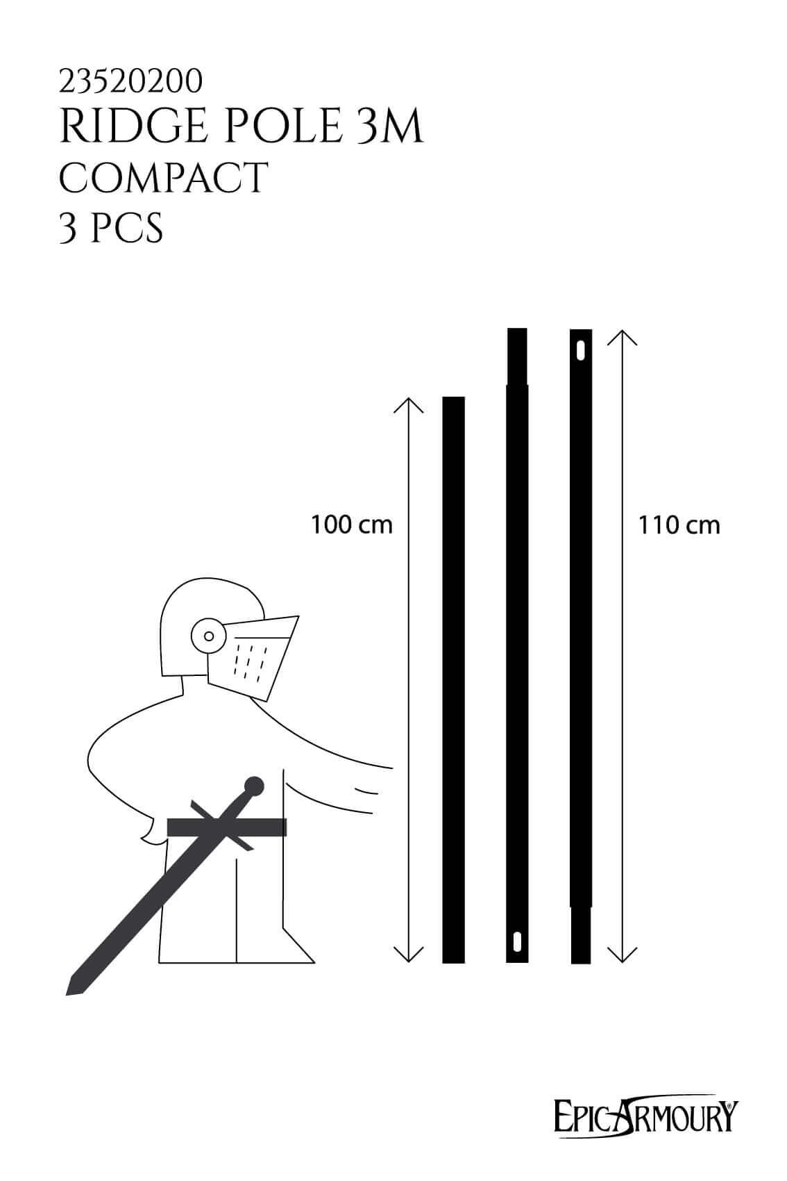 Ridge Pole 3m compact design with three pieces and dimensions of 100 cm and 110 cm for tent support.