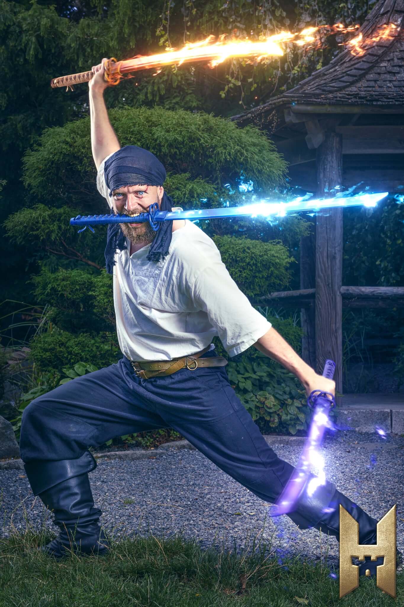 Ryūgan the Katana showcased by a warrior striking a pose in a dynamic outdoor setting.