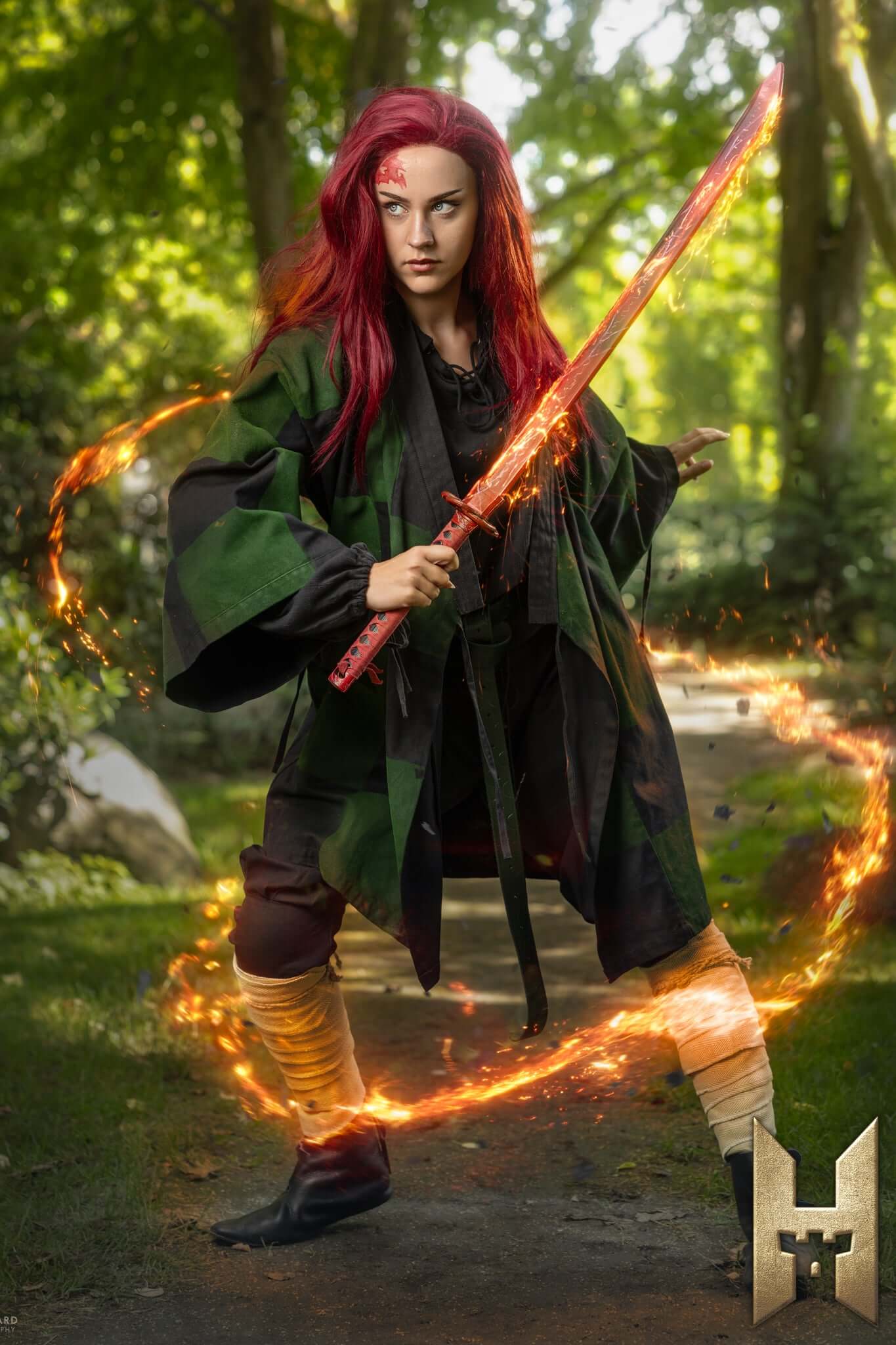Ryūgan the Katana held by a warrior in a forest setting, showcasing elegance and fantasy LARP craftsmanship.