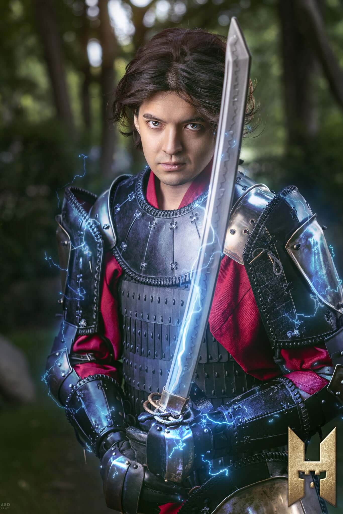 Ryūgan the Katana held by a LARP character in armor with enchanting visual effects.