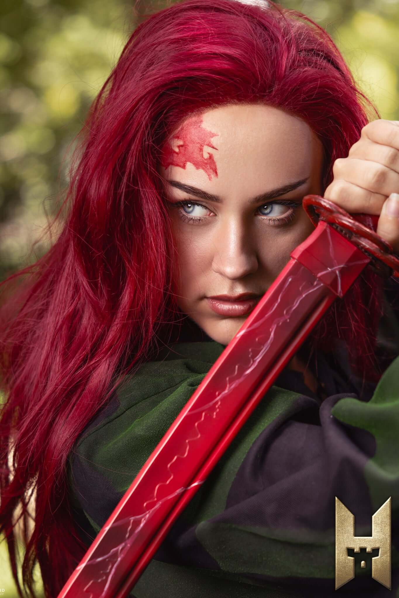 Ryūgan the Katana in action, showcasing a character with striking red hair and a fierce expression.