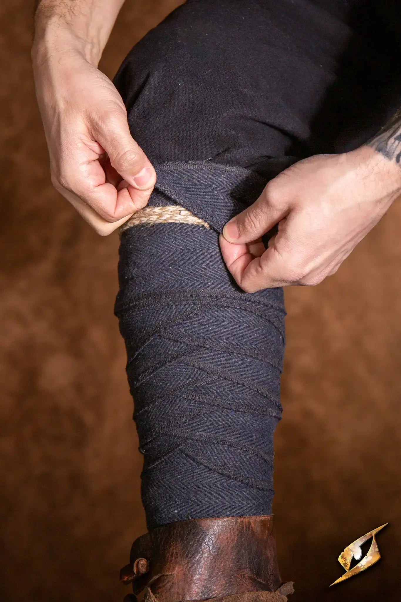 Adjusting Woodland Leg Wraps for enhanced mobility and style during outdoor adventures.