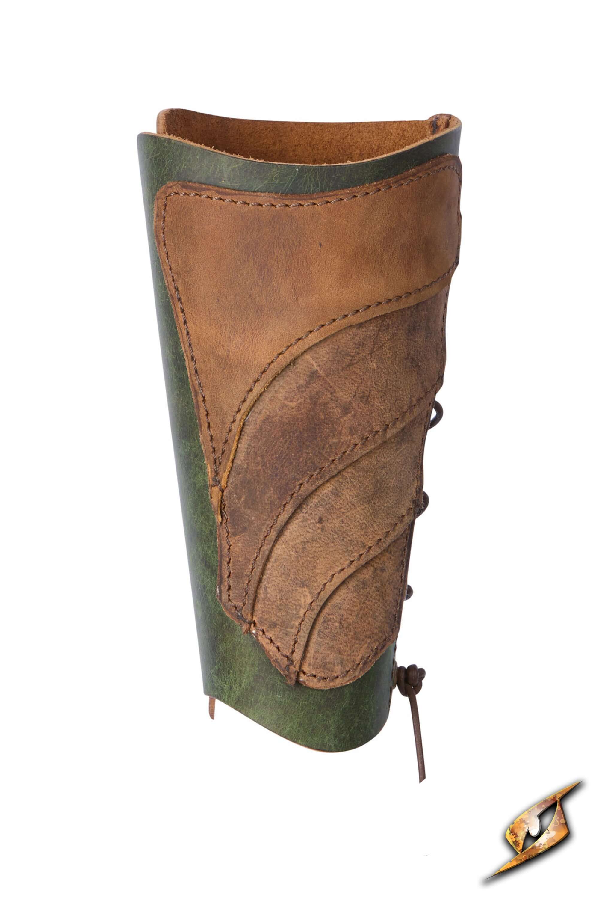 Glade Warden Bracer showcasing handmade leather design for archery, protecting the forearm while allowing quick movement.