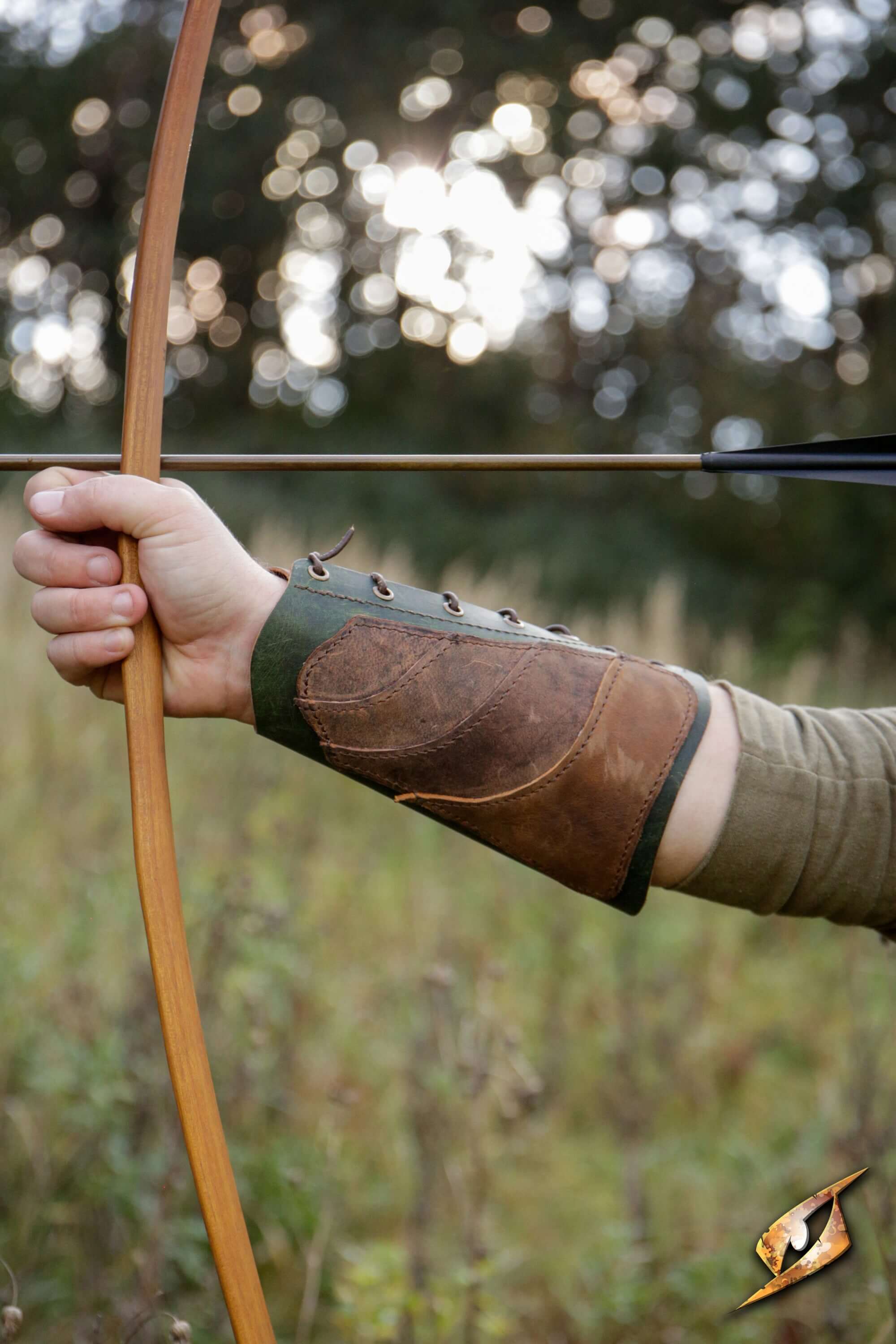 Glade Warden Bracer worn by an archer in a forest setting, showcasing its elegant design and functionality.