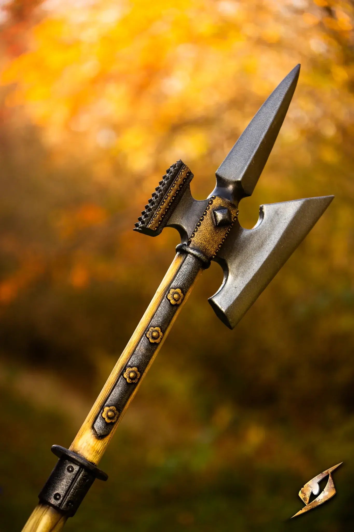 Battle Standard - Halberd Top showcasing a detailed design with a halberd head on a wooden shaft in autumn surroundings.