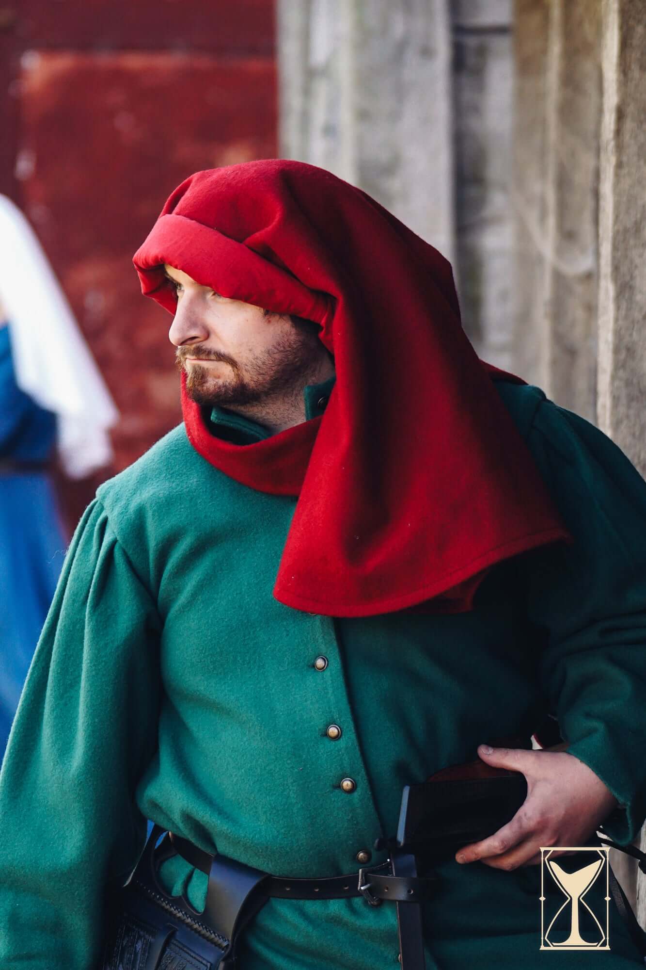 Simple Liripipe Hood - Brushed Wool worn by a man in medieval clothing.