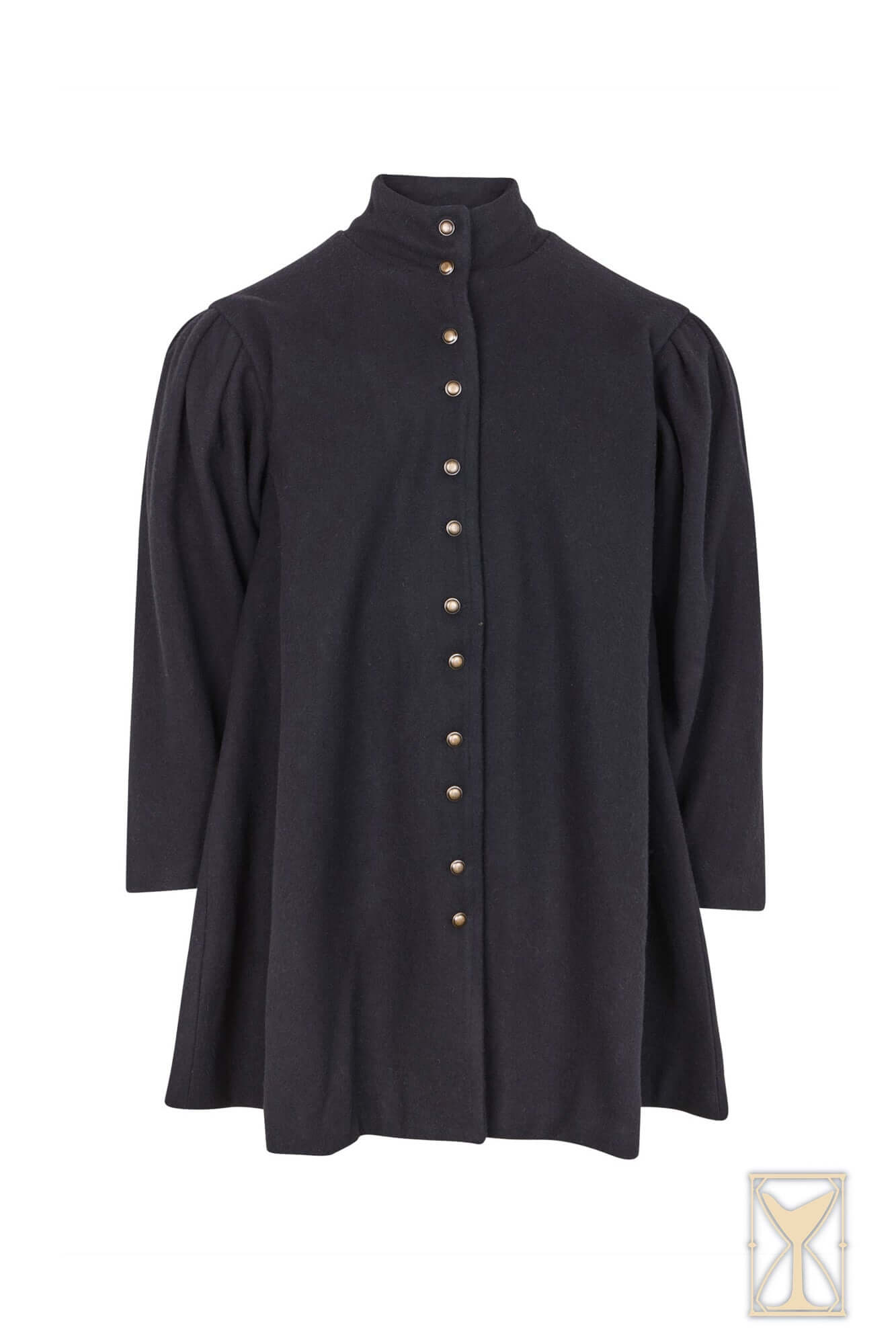 Surcoat Lorenzo in black featuring a sharp design and decorative buttons, inspired by 14th and 15th-century fashion.