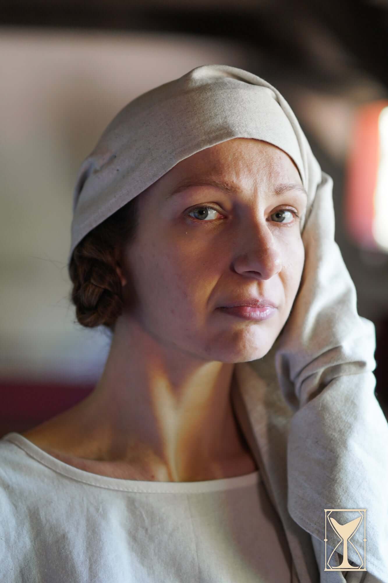 Rectangular Veil and Fillet - Cotton/Linen Blend worn by a woman, showcasing historical costume accents.