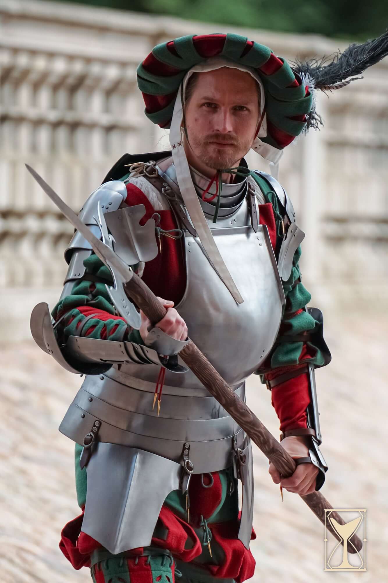 Landsknecht Gorget - 1.6mm - Yoremade worn by a soldier in colorful medieval armor.