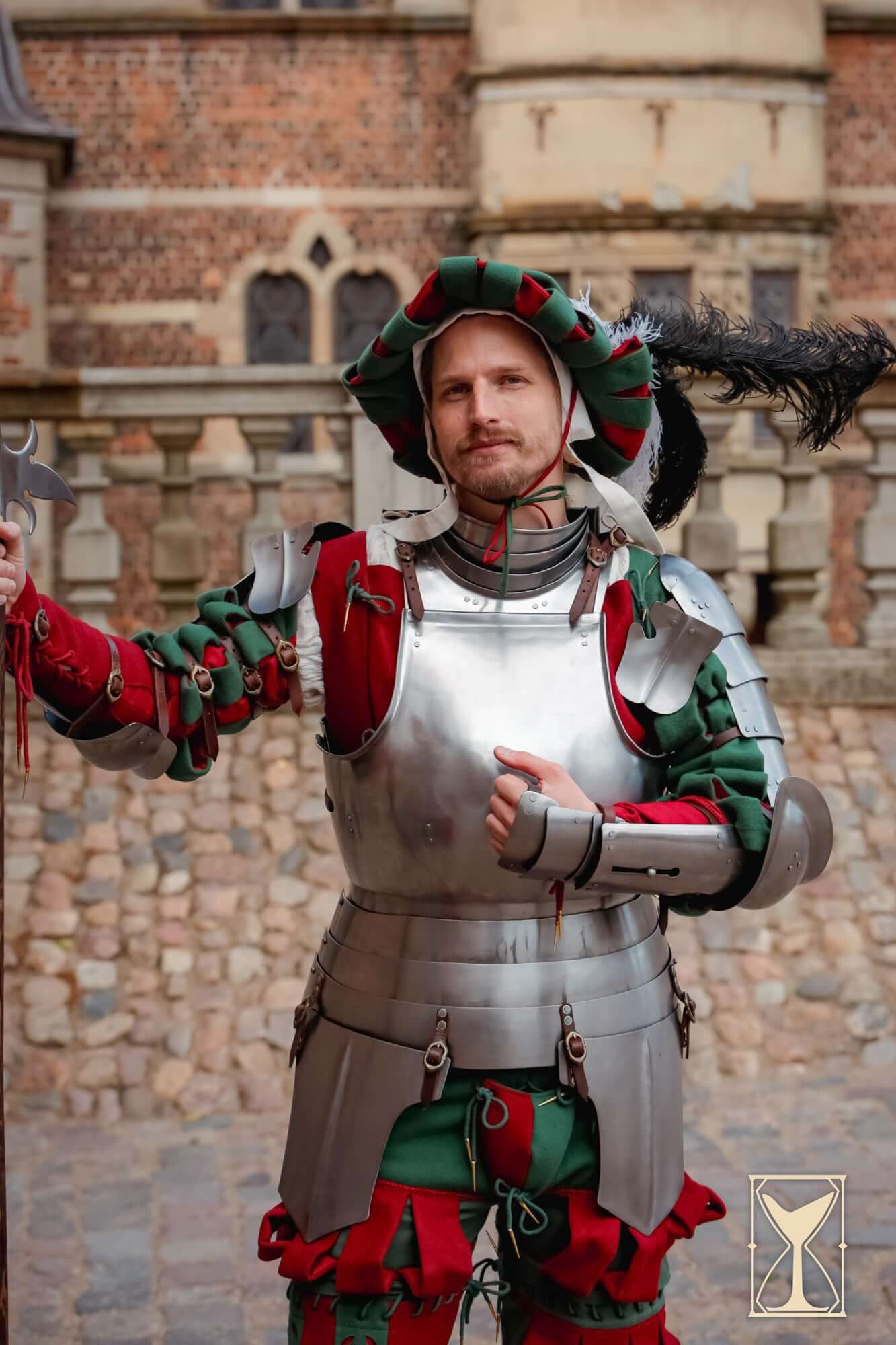 Landsknecht Vambraces - 1.6mm - Yoremade worn by a reenactor in a historical costume setting.