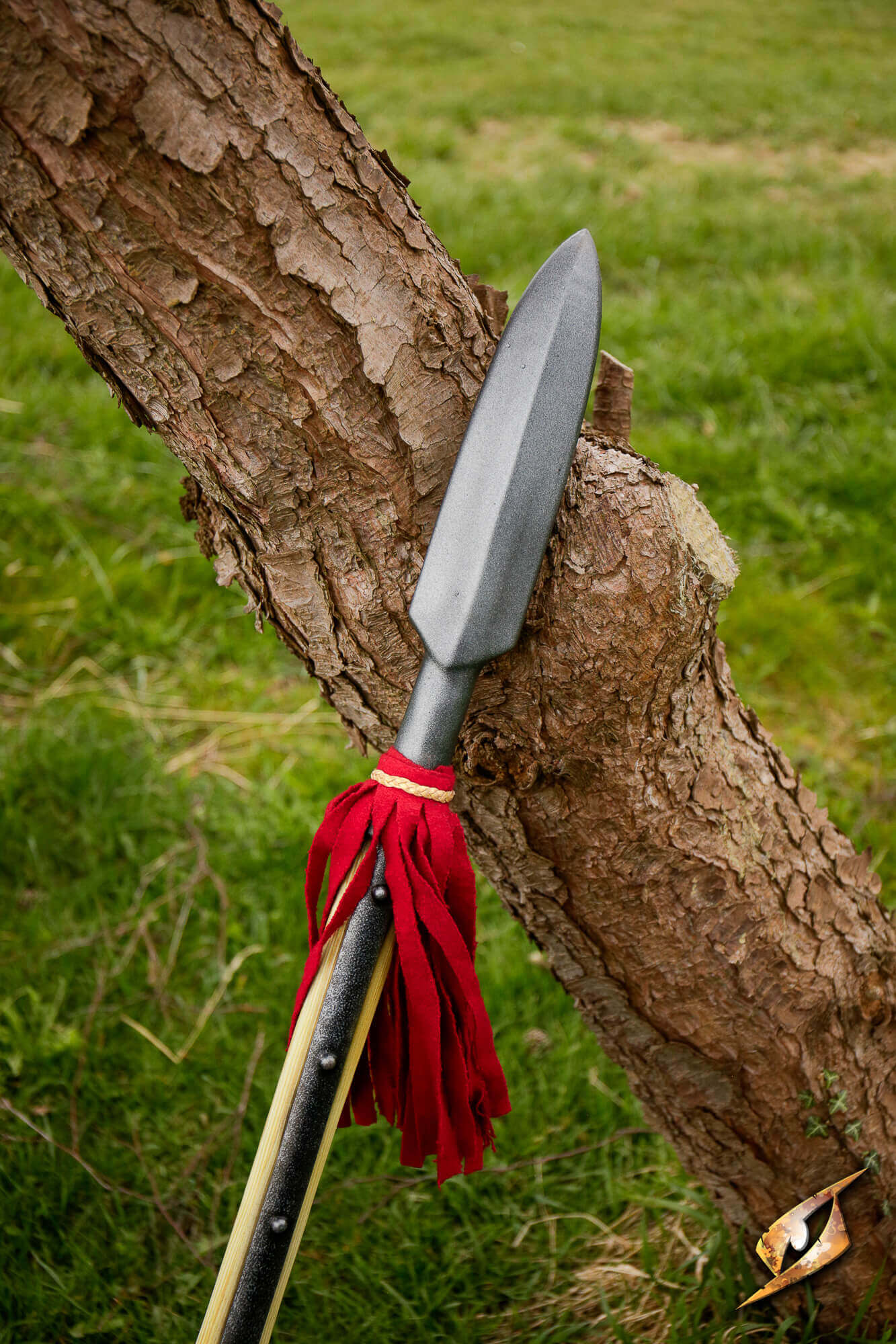 Landsknecht Pike leaning against a tree with a red tassel on its shaft, captured in a green field.