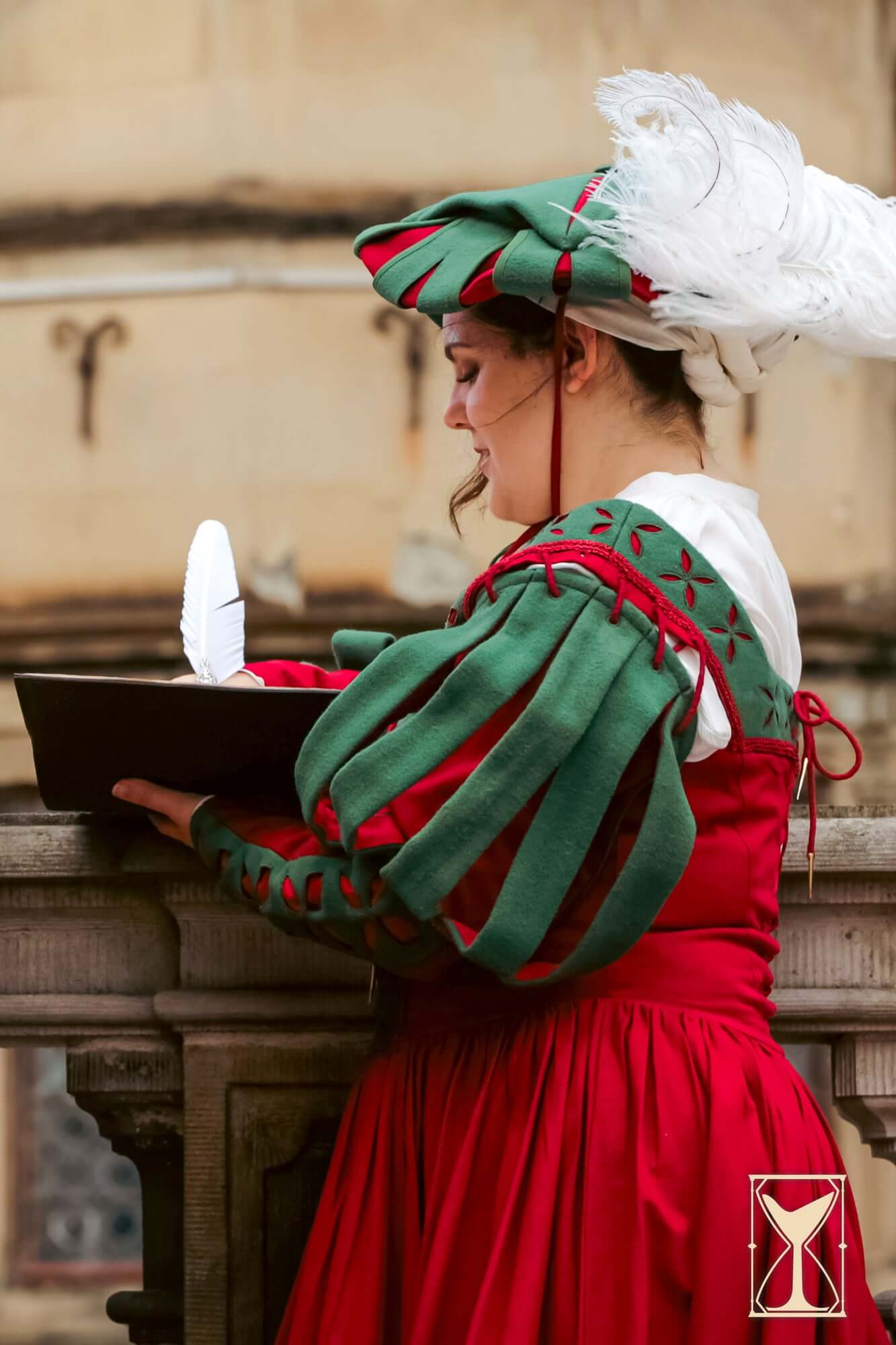 Landsknecht Bloom Sleeve worn by a woman in historical attire, showcasing elegant puffy sleeves and vibrant colors.