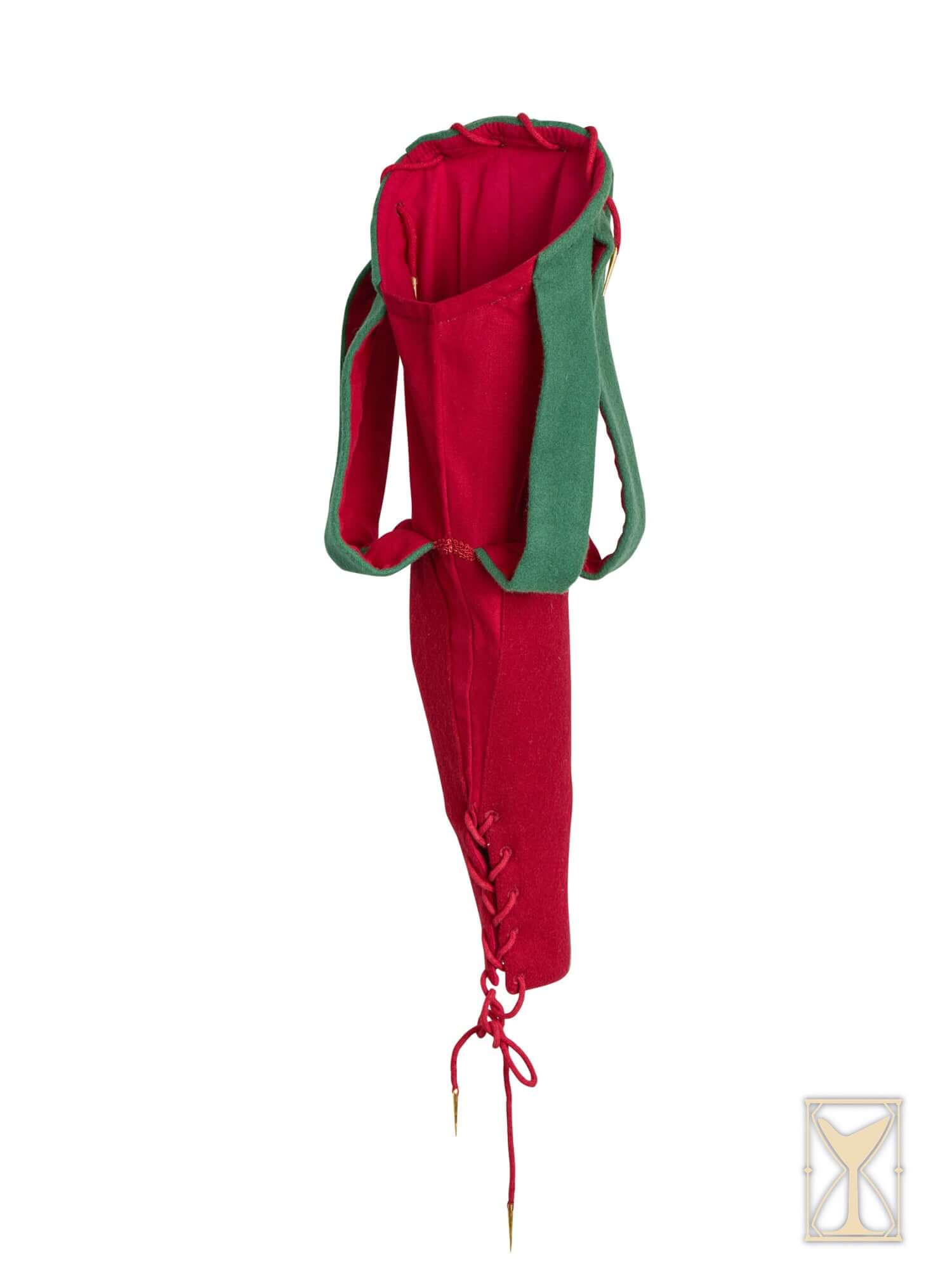 Landsknecht Bloom Sleeve in red and green with decorative lacing, showcasing structured elegance for medieval reenactment.