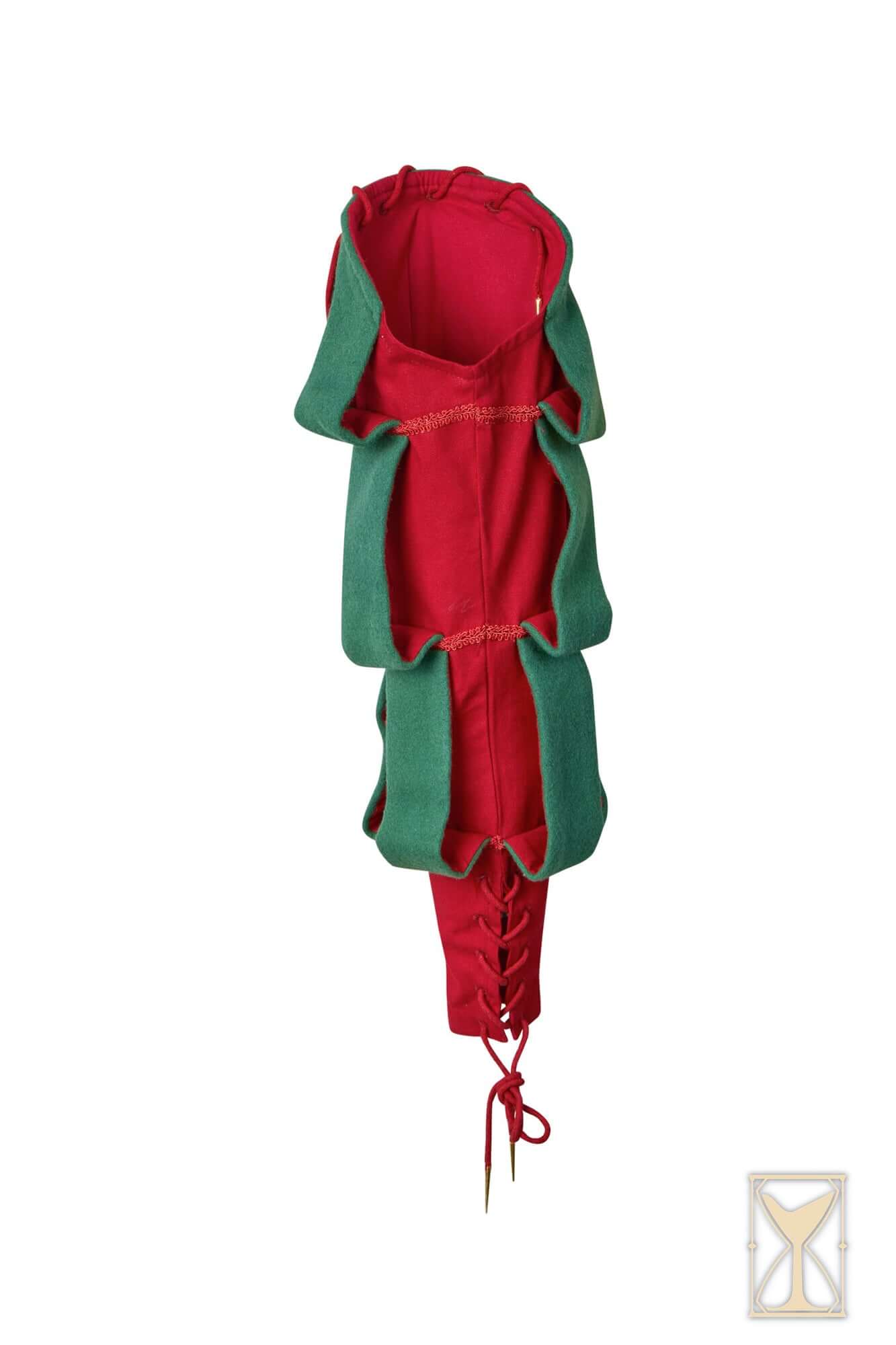 Landsknecht Waterfall Sleeve in red and green with slashed design, perfect for historical or fantasy costumes.