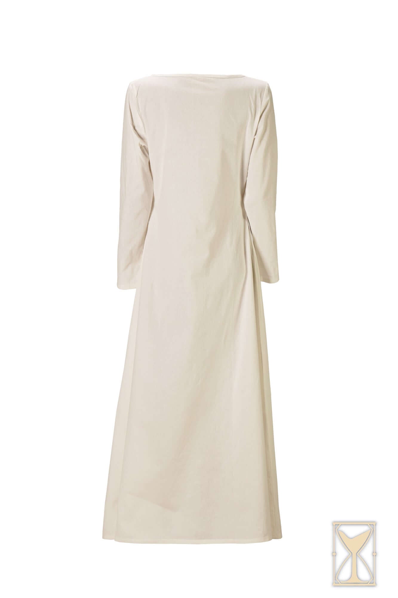 Back view of a beige Chemise, a basic layer for medieval women's outfits, part of the Yoremade collection.