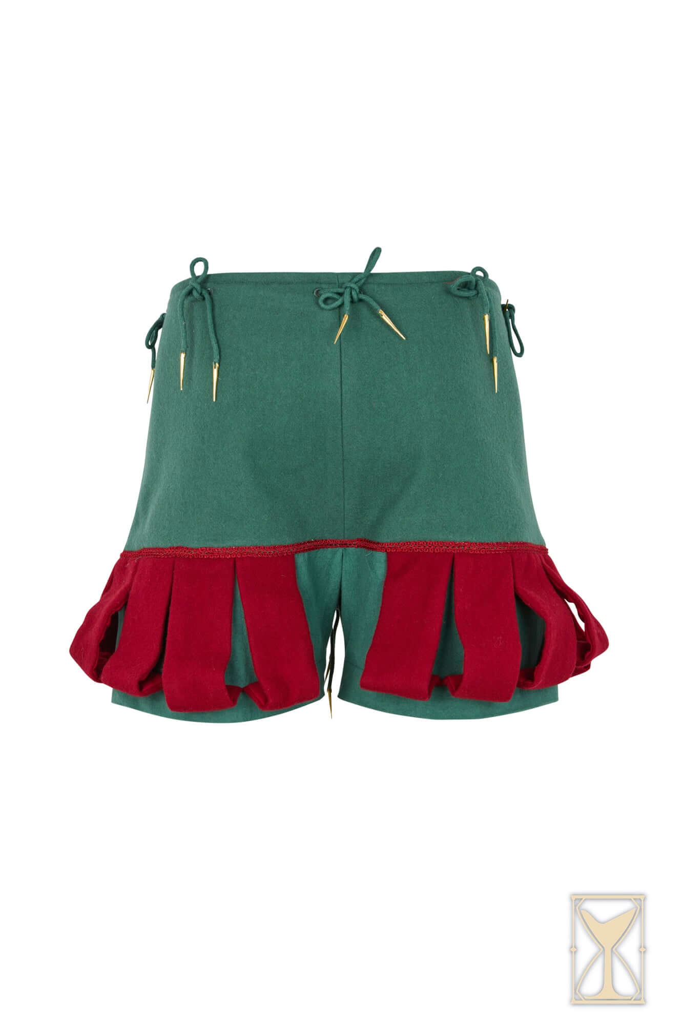 Landsknecht Breeches featuring two-tone green and red design with slashes and decorative ties.