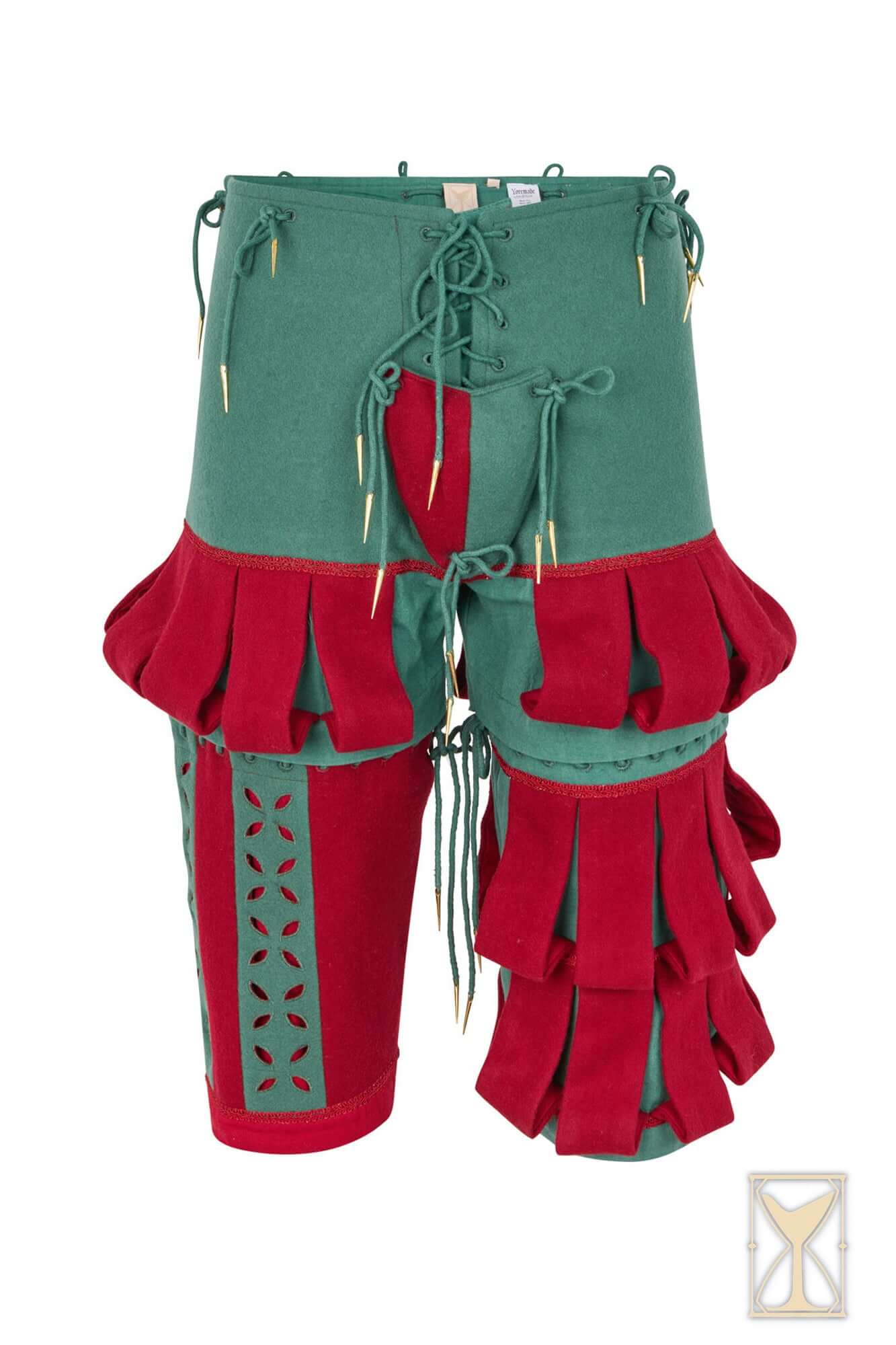 Landsknecht Breeches in two-tone green and red with slashes and intricate detailing, perfect for Renaissance fashion.