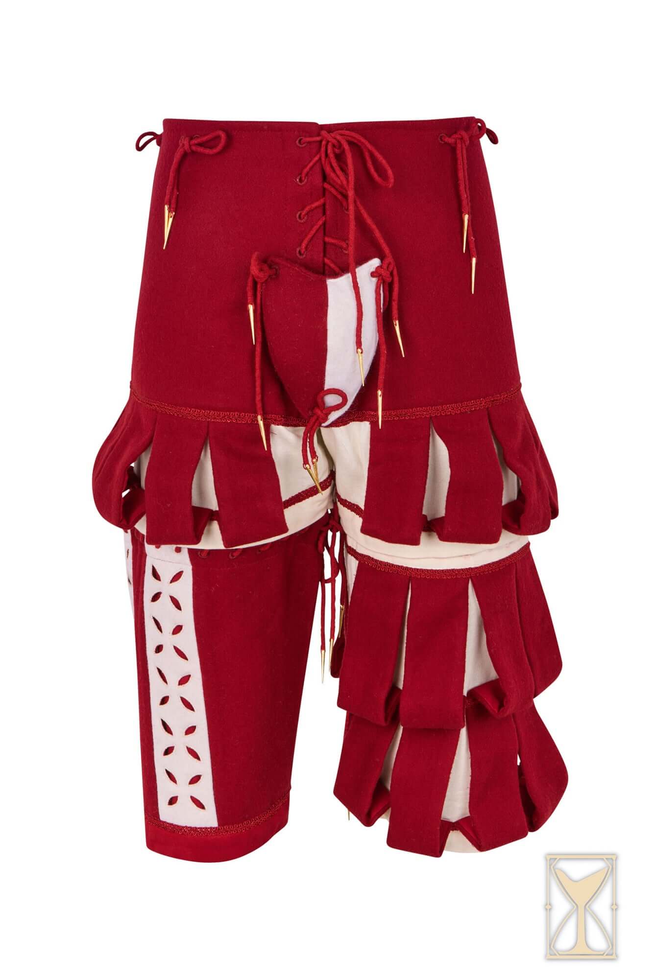 Landsknecht Breeches featuring red fabric, slashed details, and historical design inspired by 16th-century mercenaries.