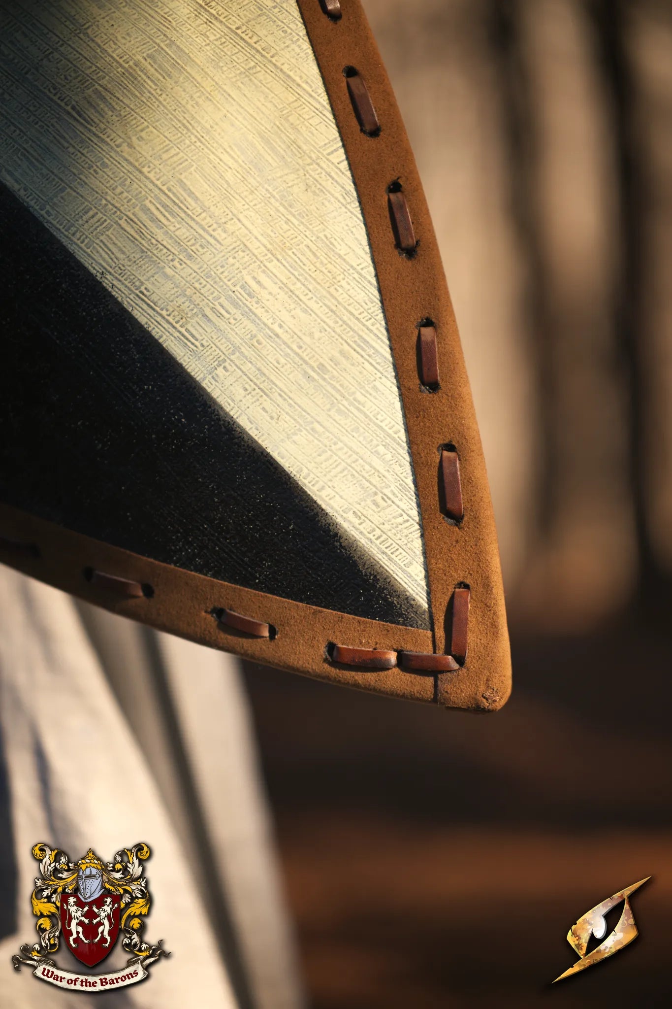 Close-up of Baron's Shield, a heater-style shield inspired by medieval heraldry for LARP events.