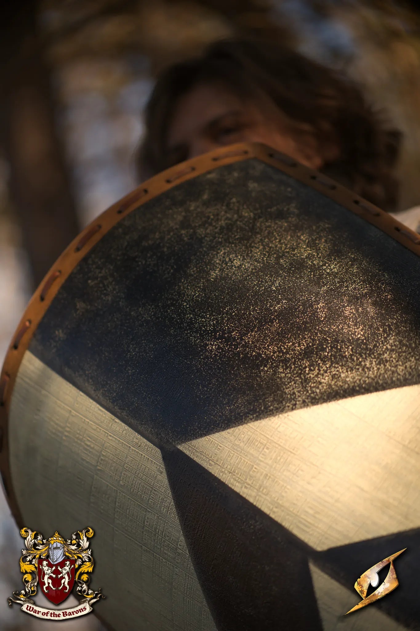 Close-up of the Baron's Shield, a historical-inspired heater-style shield for LARP events.