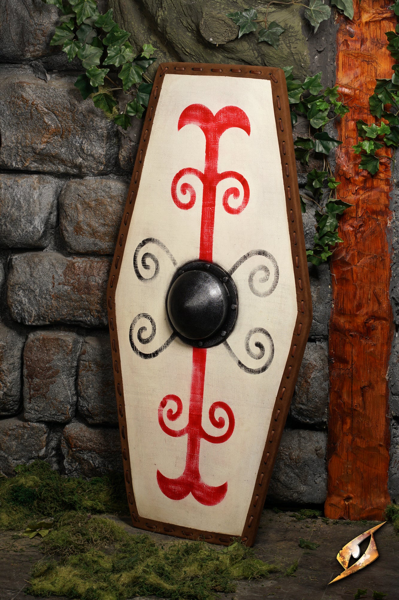 Germanic Shield featuring a tapered hexagonal design with red tribal patterns and a black domed boss.