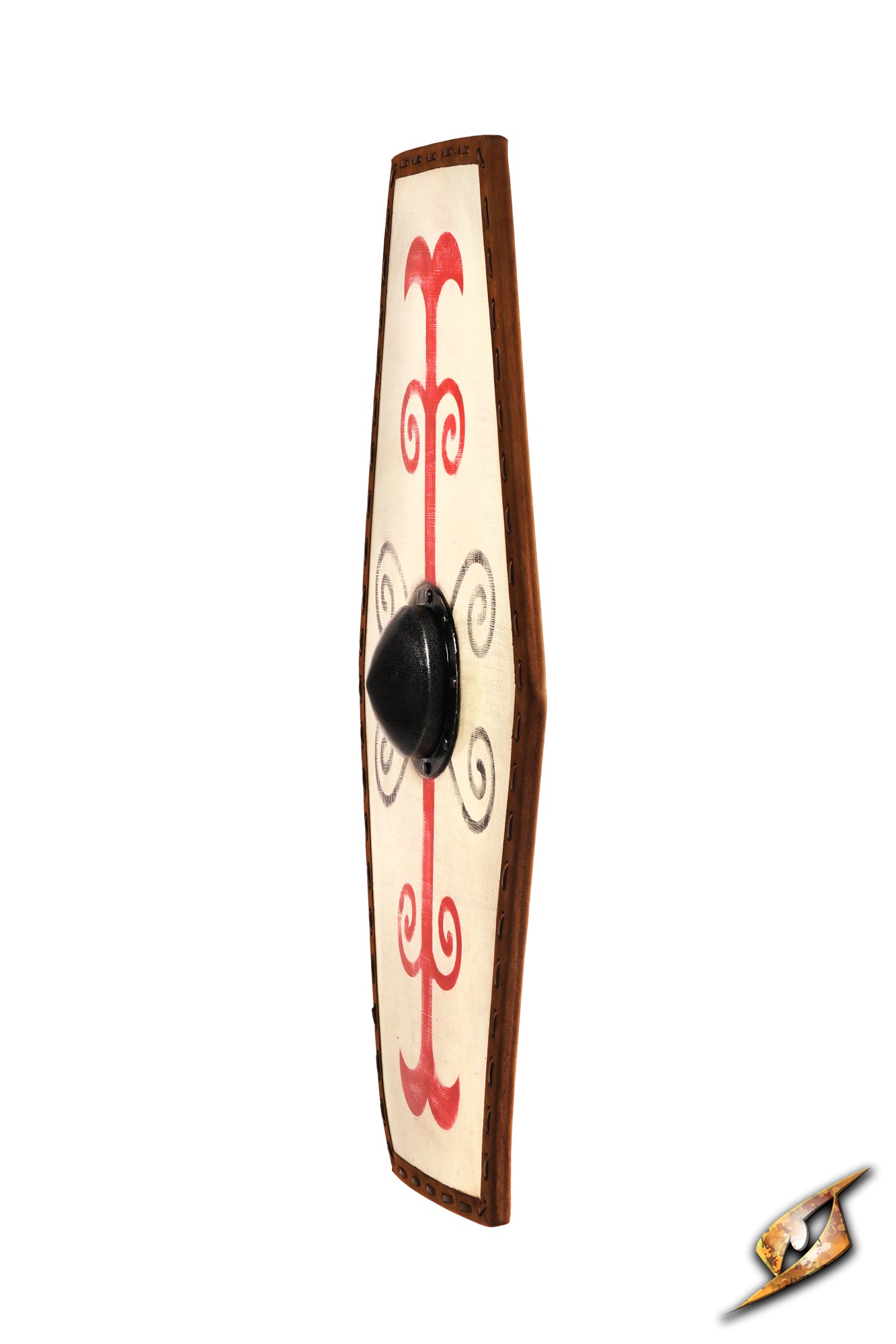 Germanic Shield featuring a bold design with red tribal markings and a domed black boss on a cream background.