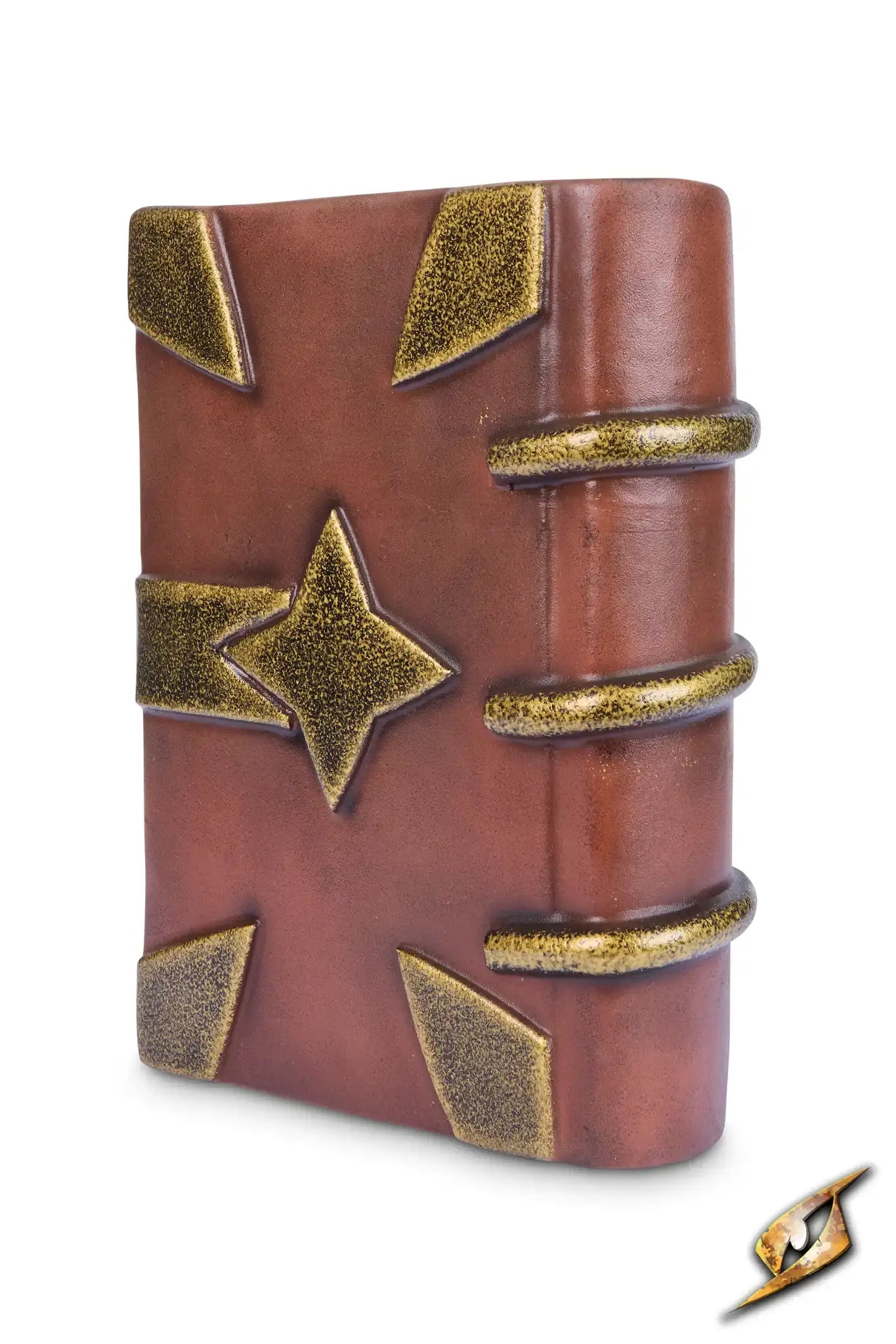 Book - a hand-painted foam prop resembling a worn leather cover with metal corner protectors for LARP.