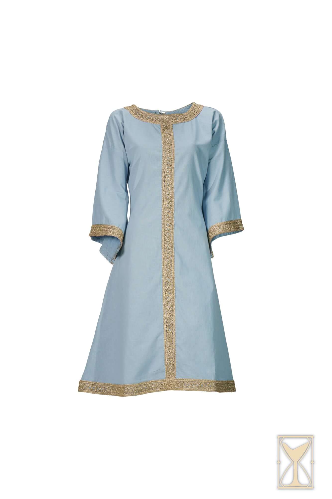 Overtunic Matilde in light blue with woven patterned trim and wide sleeves for a historical silhouette.