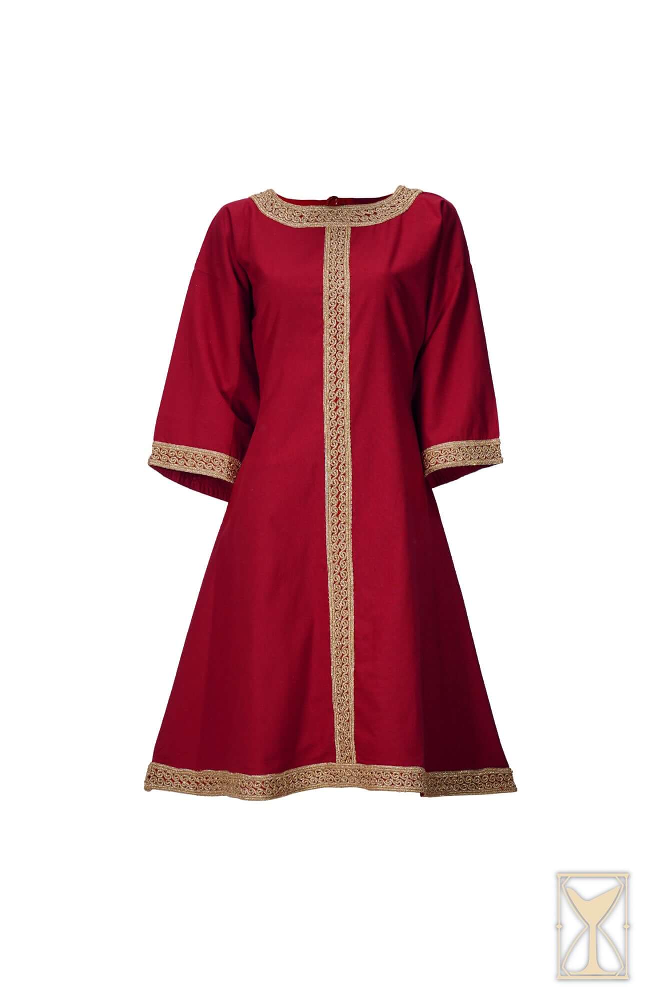 Overtunic Matilde in red with wide sleeves and woven patterned trim for a historical silhouette.