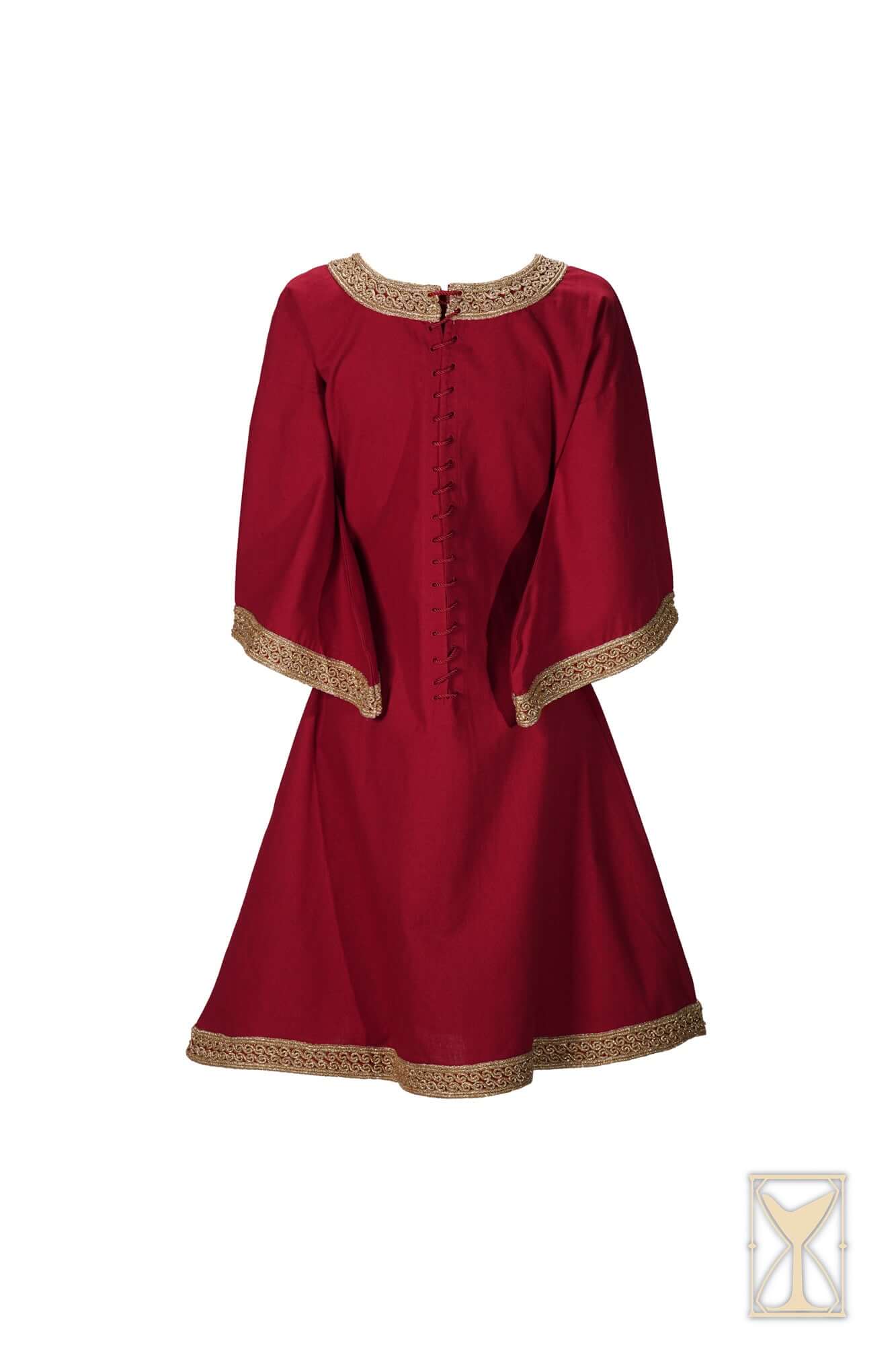 Overtunic Matilde in red with wide sleeves and woven patterned trim for a historical silhouette.