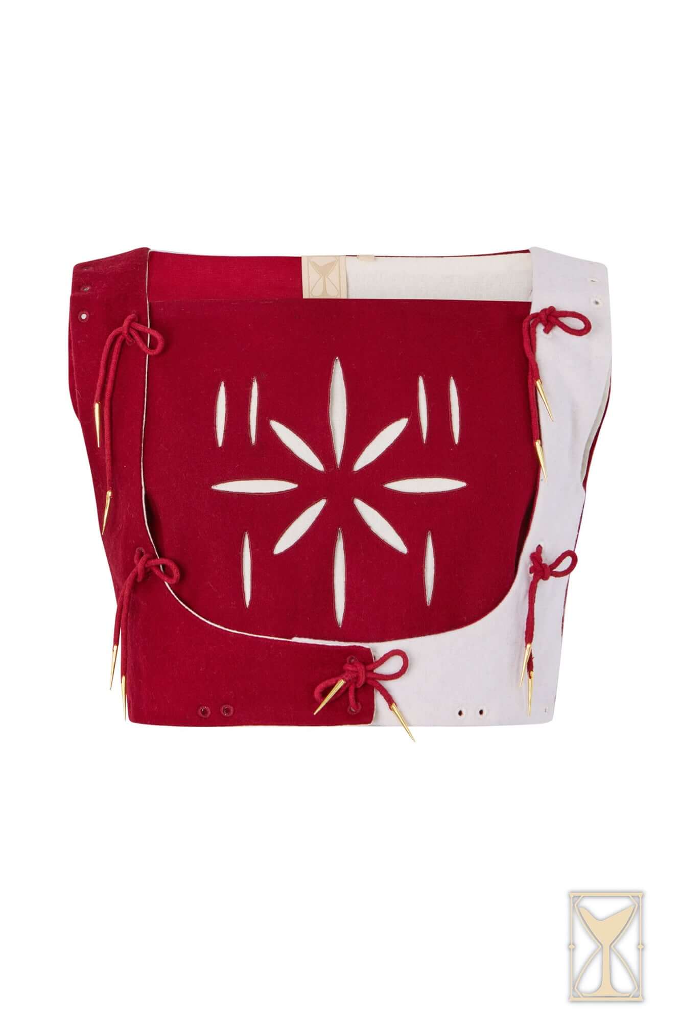 Landsknecht Doublet showcasing bold red and white fabric with intricate cutouts, perfect for historical reenactments.