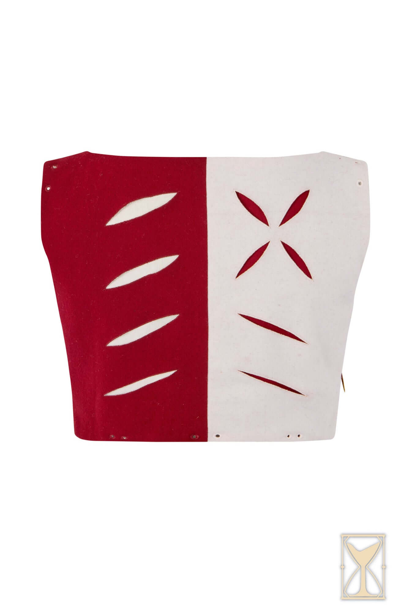 Landsknecht Doublet with red and white fabric, featuring traditional puff and slash design elements.