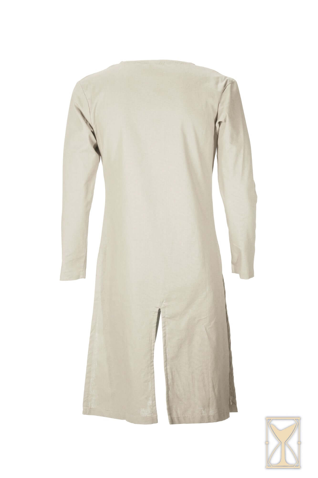Back view of a beige Medieval Riding Tunic, showcasing deep splits for enhanced movement.