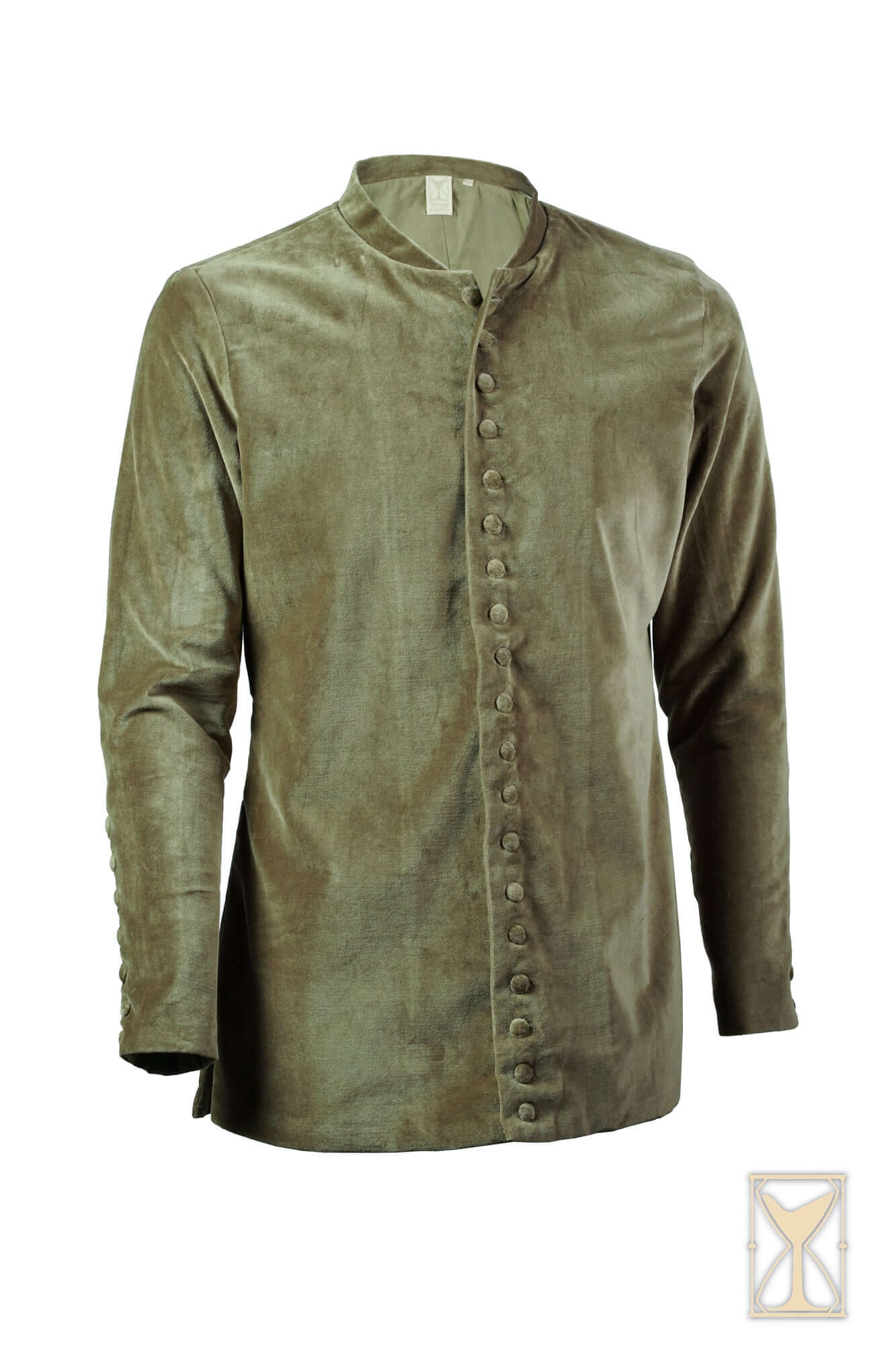 Cotehardie Bonifacio in olive green with a sharp fit and full row of buttons for a tailored look.