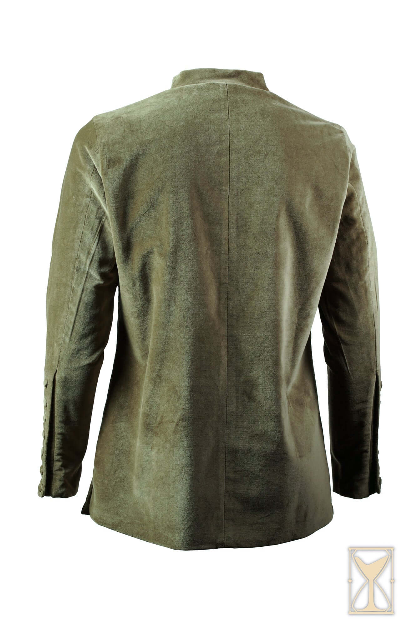 Back view of the Cotehardie Bonifacio, highlighting its tailored design and smooth fabric.