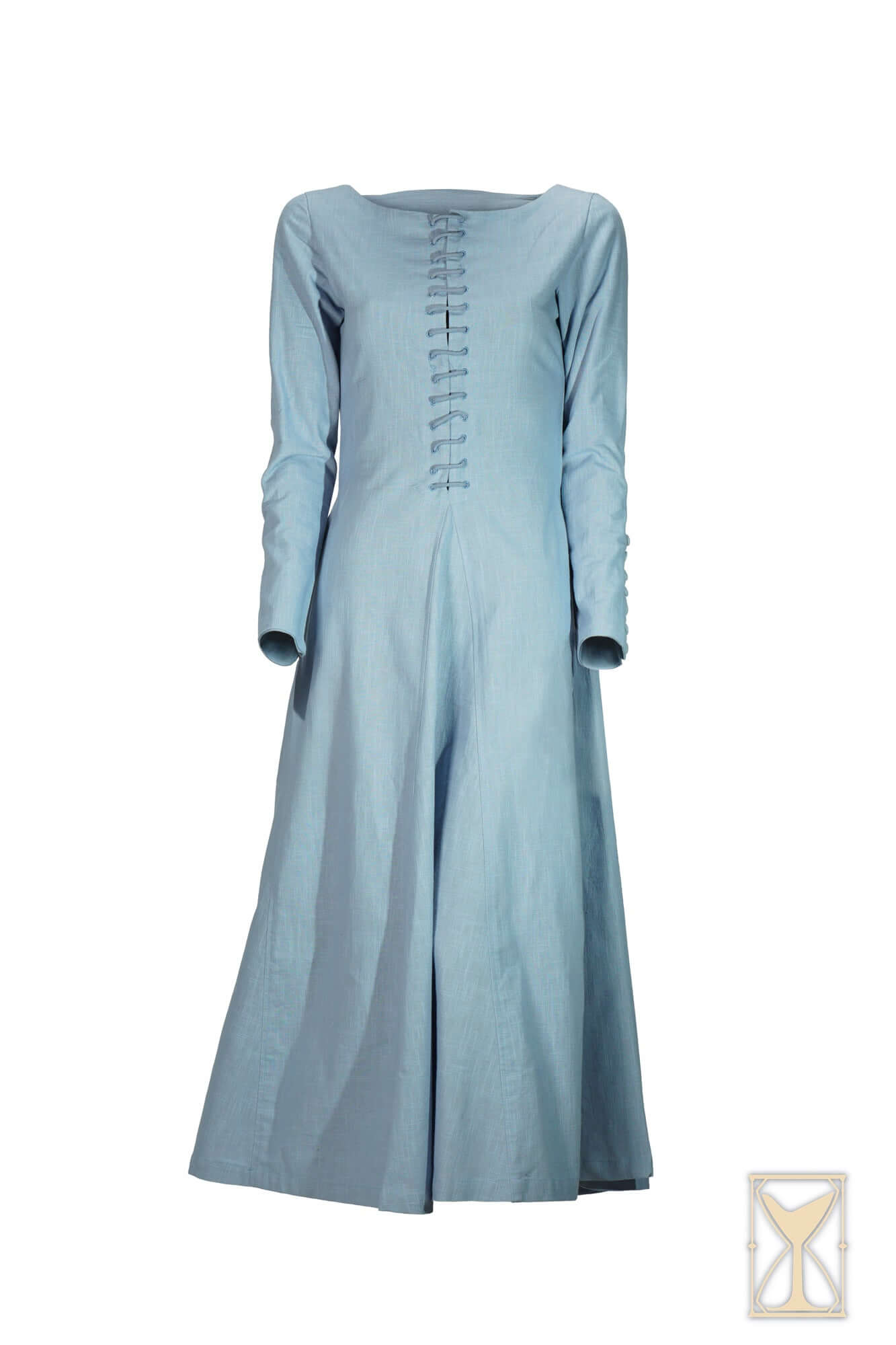 Cotehardie Marian dress in blue with central lacing for a tailored fit, designed for High and Late Medieval periods.