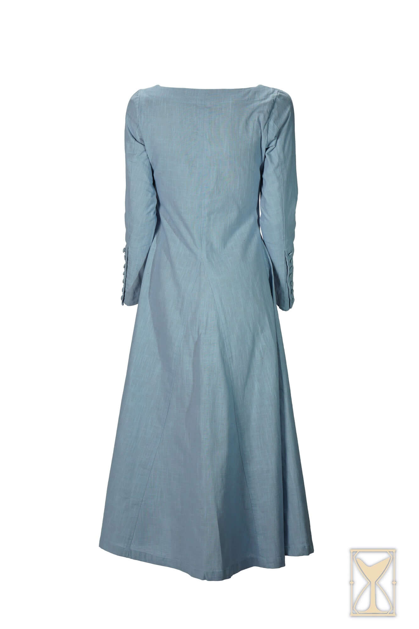 Back view of the Cotehardie Marian dress showcasing its tailored design and long sleeves.