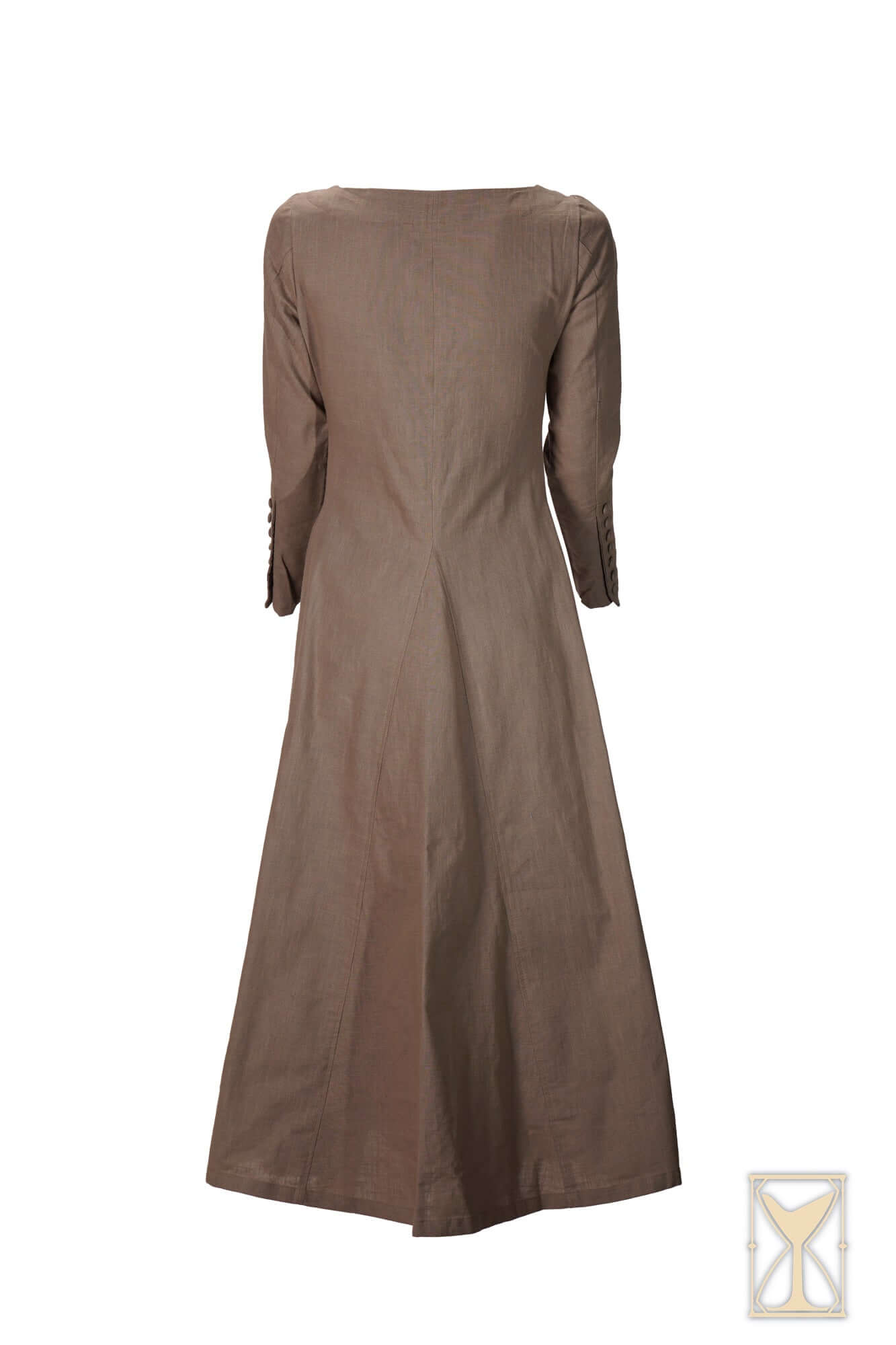 Back view of Cotehardie Marian dress showcasing its elegant silhouette and tailored design.