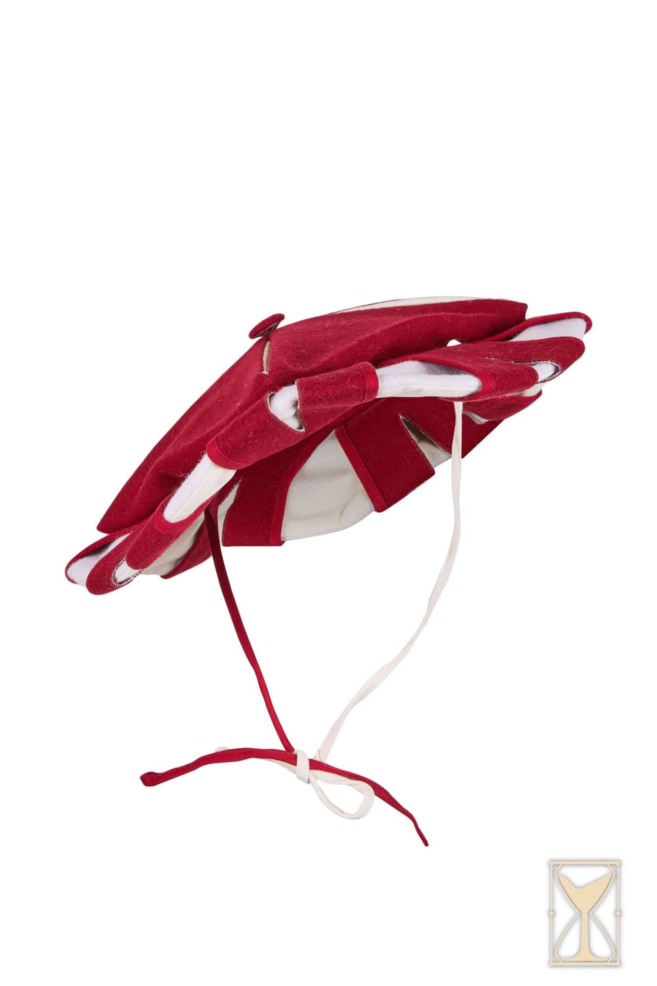 Landsknecht Hat in vibrant red and white, layered design inspired by 16th-century German mercenaries.