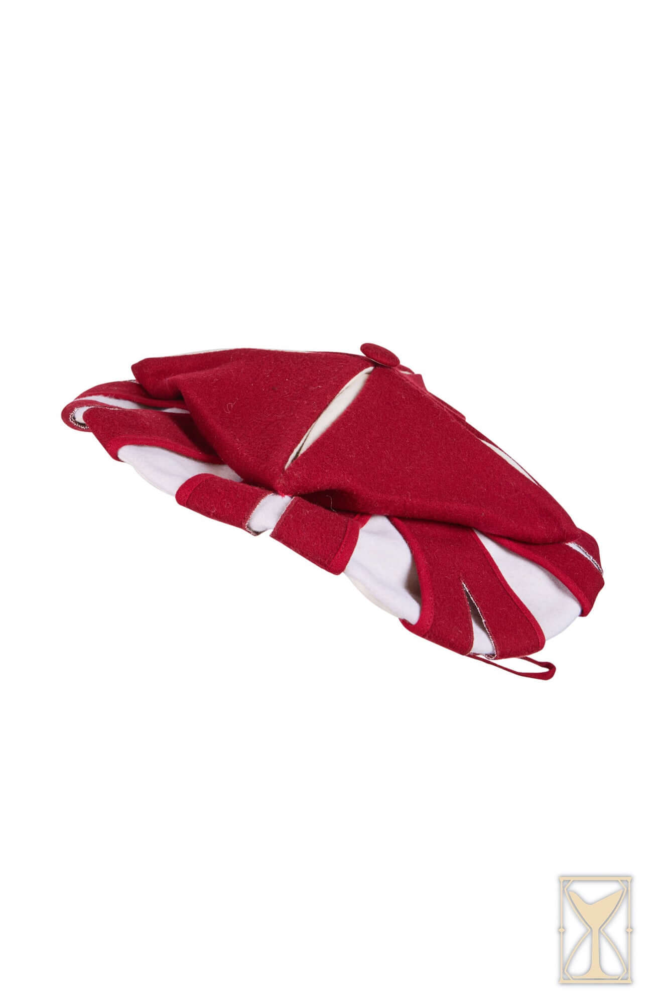 Landsknecht Hat in rich red and white design, inspired by 16th-century German mercenaries' fashion.