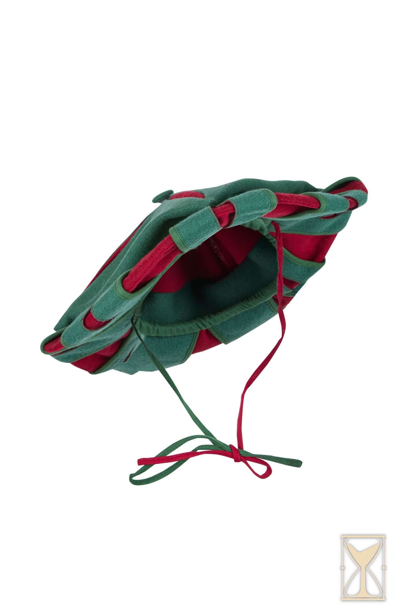 Landsknecht Hat in green and red colors, intricately designed for a unique Renaissance costume.