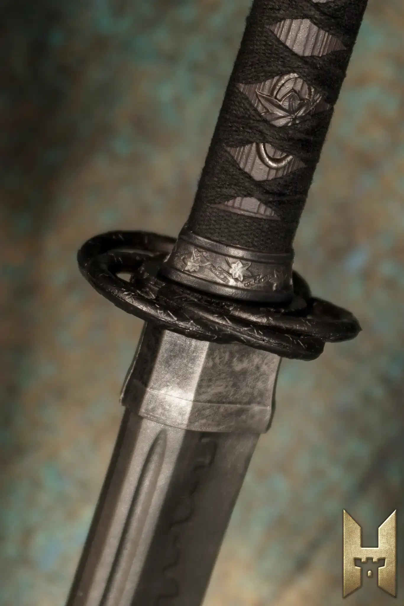 Close-up of Ryūgan the Katana, showcasing its intricate hilt design and traditional features.