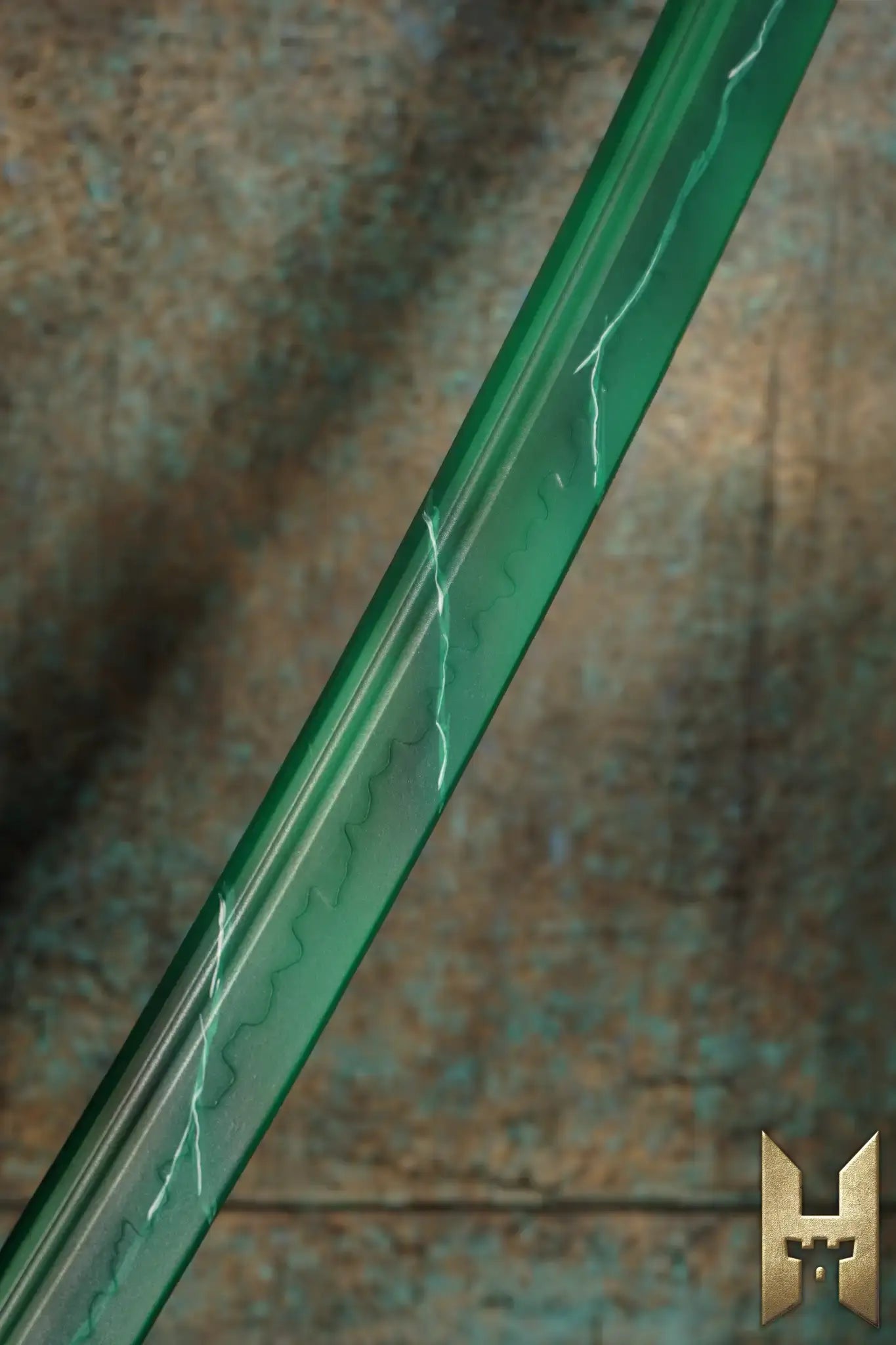 Close-up of Ryūgan the Katana blade showcasing its unique green design and elegant craftsmanship.