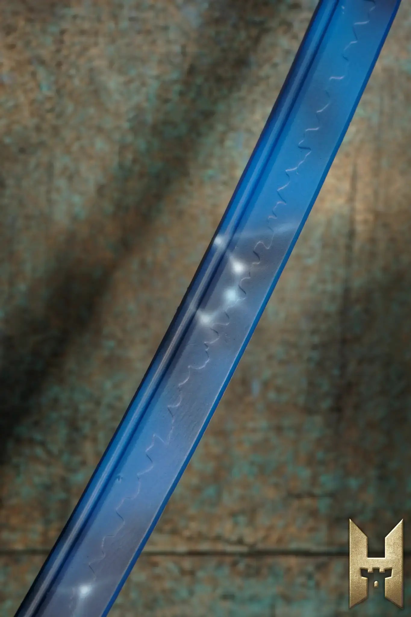 Close-up of Ryūgan the Katana, a blue blade showcasing elegance and craftsmanship from the Stronghold Masters Collection.