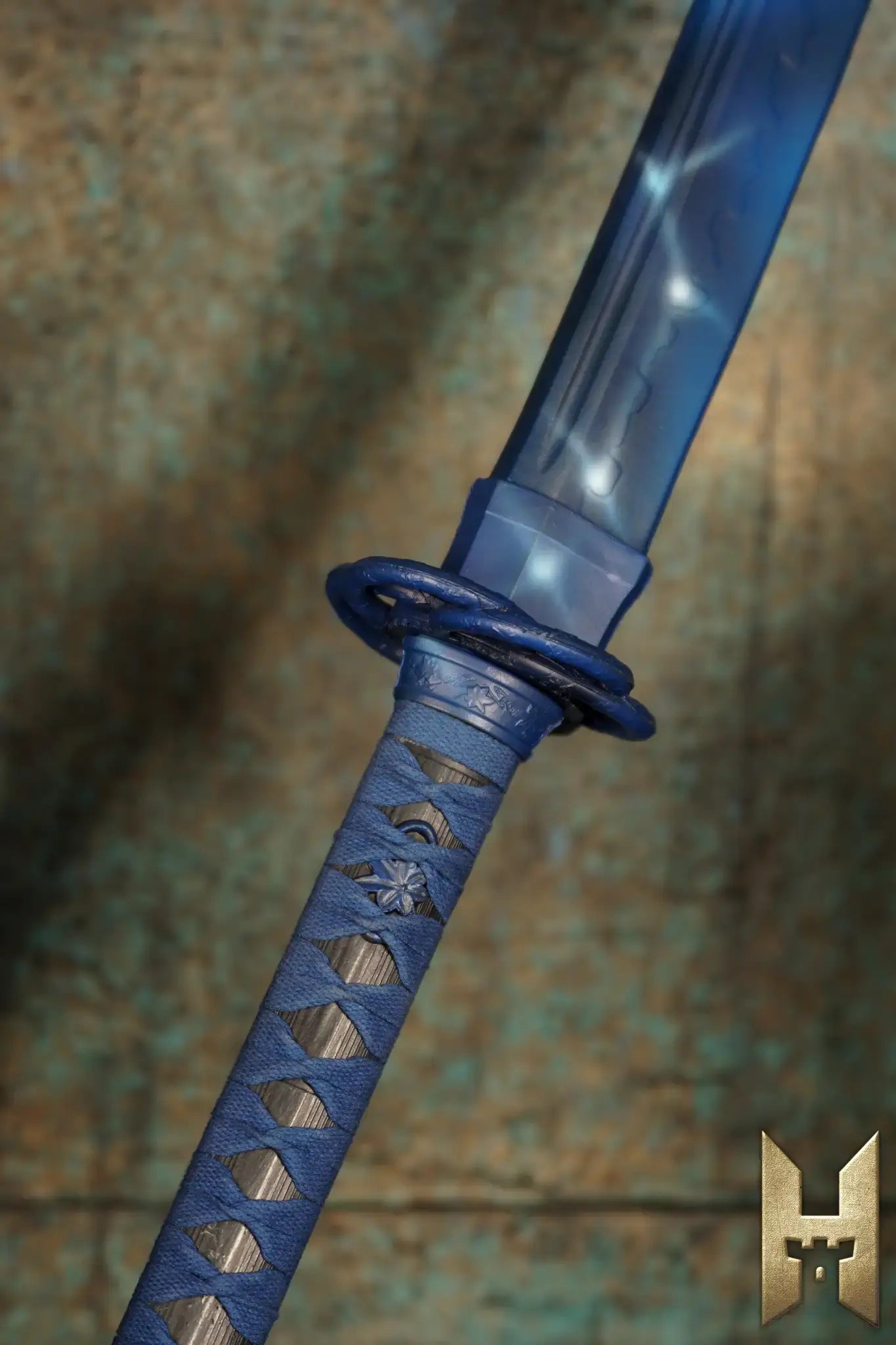 Ryūgan the Katana with blue handle and blade, showcasing unique craftsmanship and elegant design.