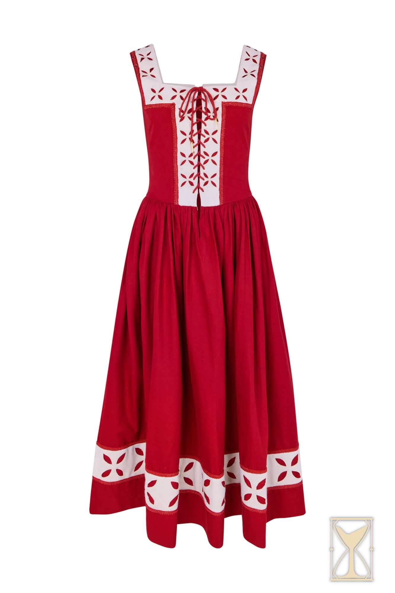 Kampfrau dress in bold red with white accents, featuring medieval style and adjustable fit.