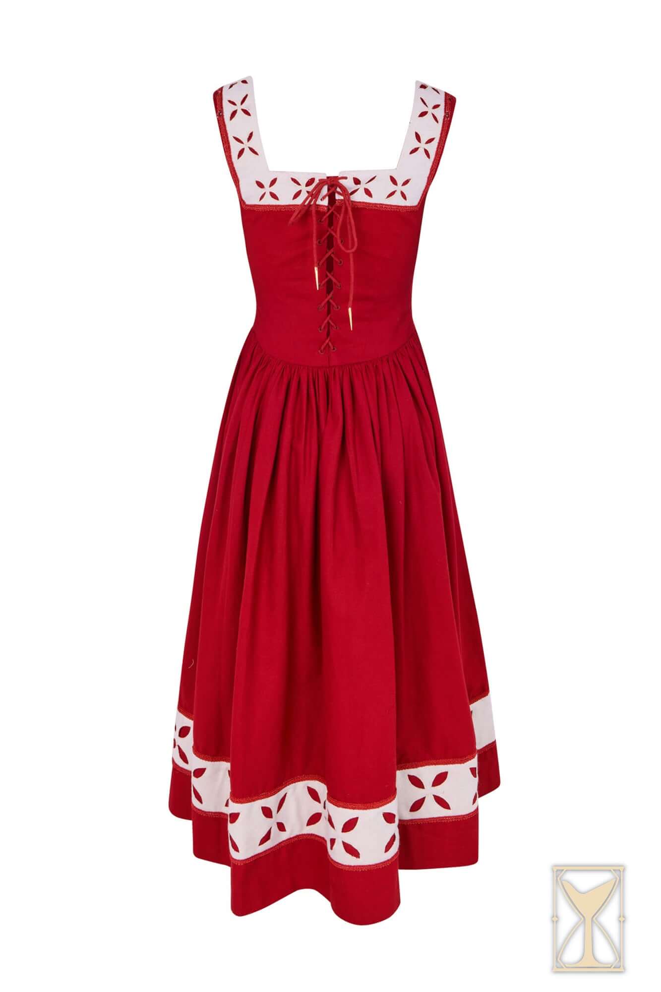 Kampfrau dress in bold red with white accents, showcasing historical flair and medieval style.